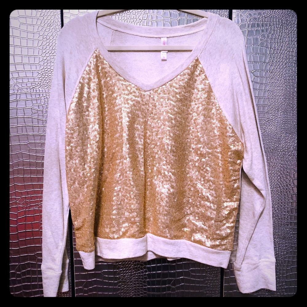 Oatmeal Matte Gold Sequined V Neck Sweat Shirt XL